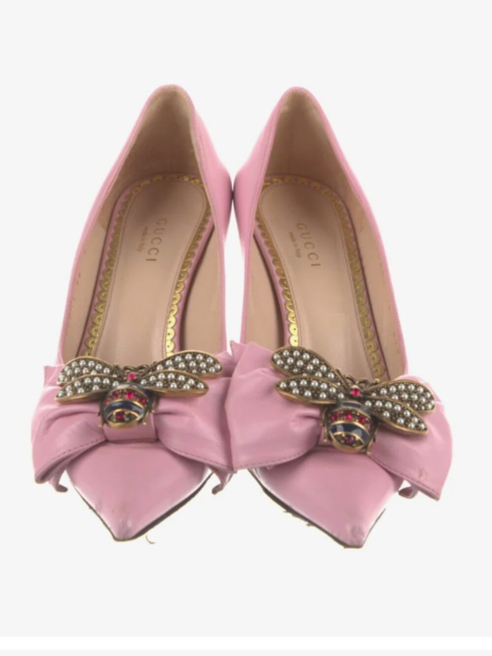 Gucci Bee Accent Leather Pumps Size 6 Pink Bow Romantic Feminine Coquette AS-IS